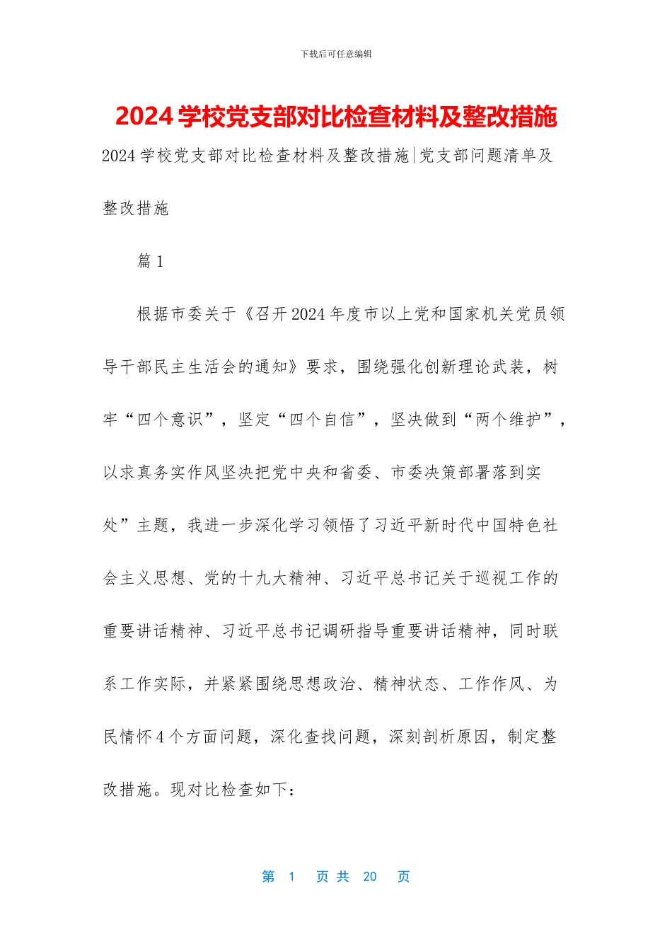 2024学校党支部对照检查材料及整改措施_第1页