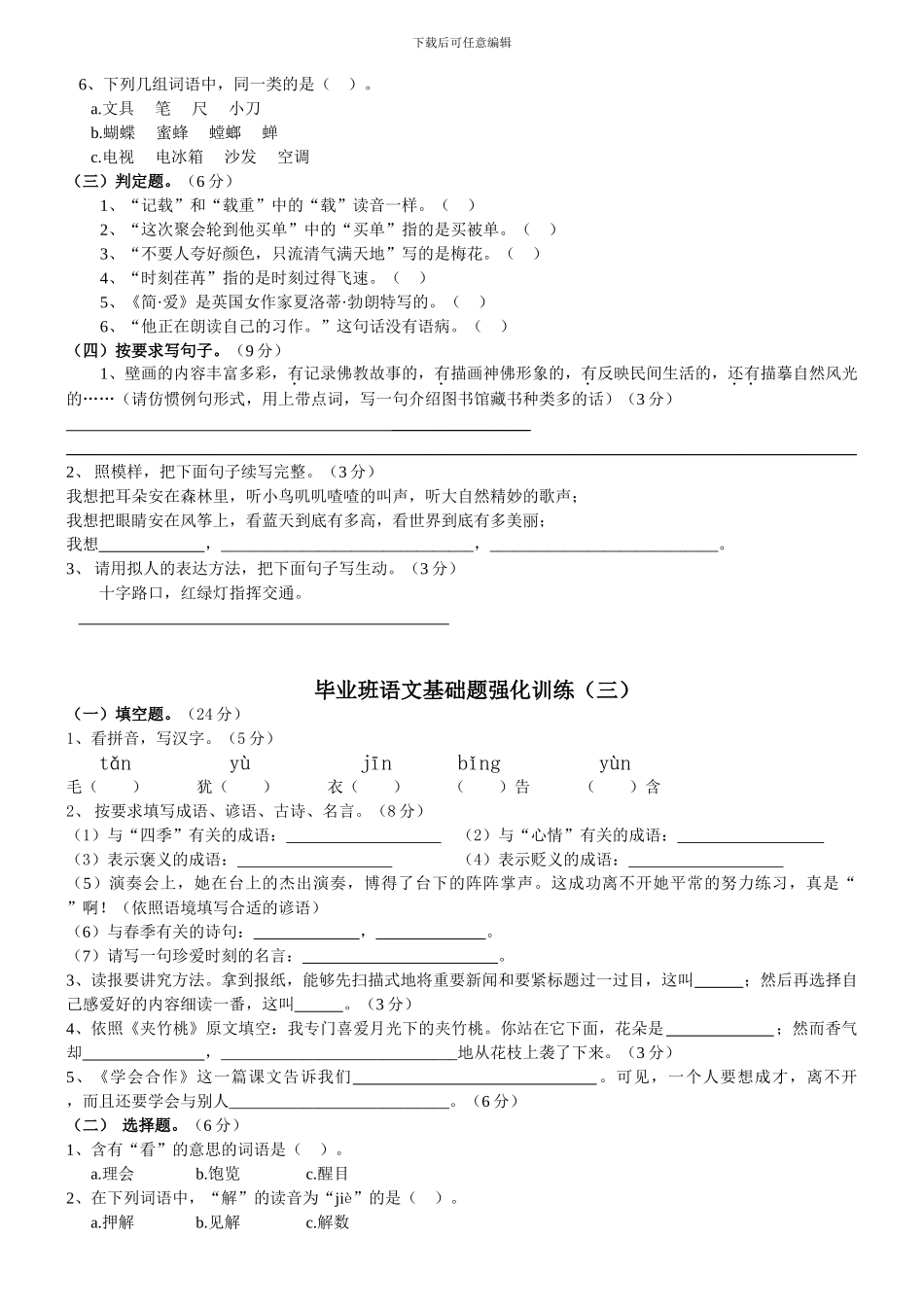 2024小学语文毕业班基础题强化训练一_第3页