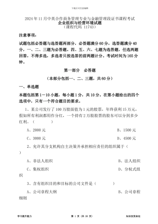 2024年11月中英合作企业组织与经营环境试卷及答案