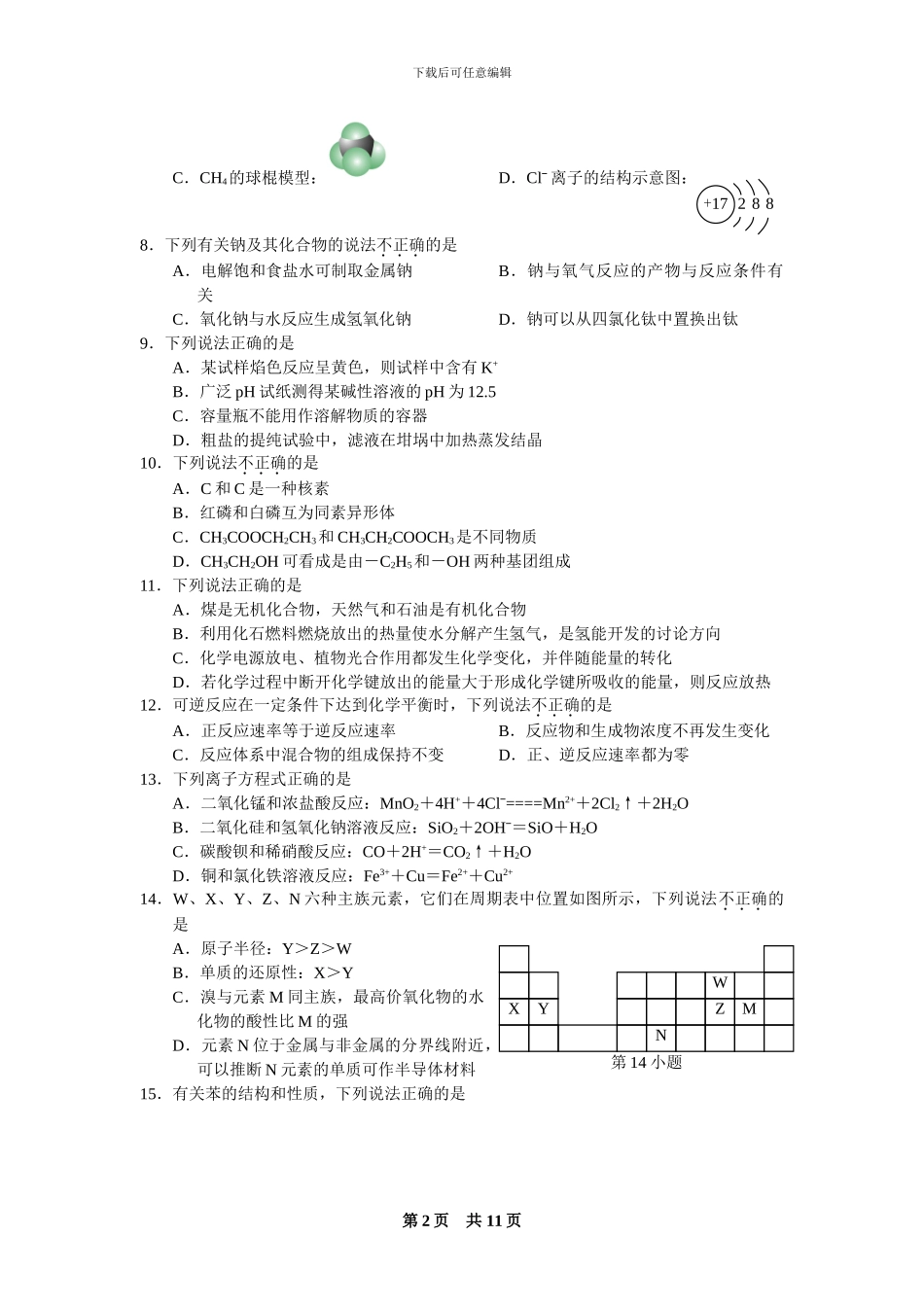 2024年4月浙江省普通高校招生选考科目考试化学试题与答案_第2页