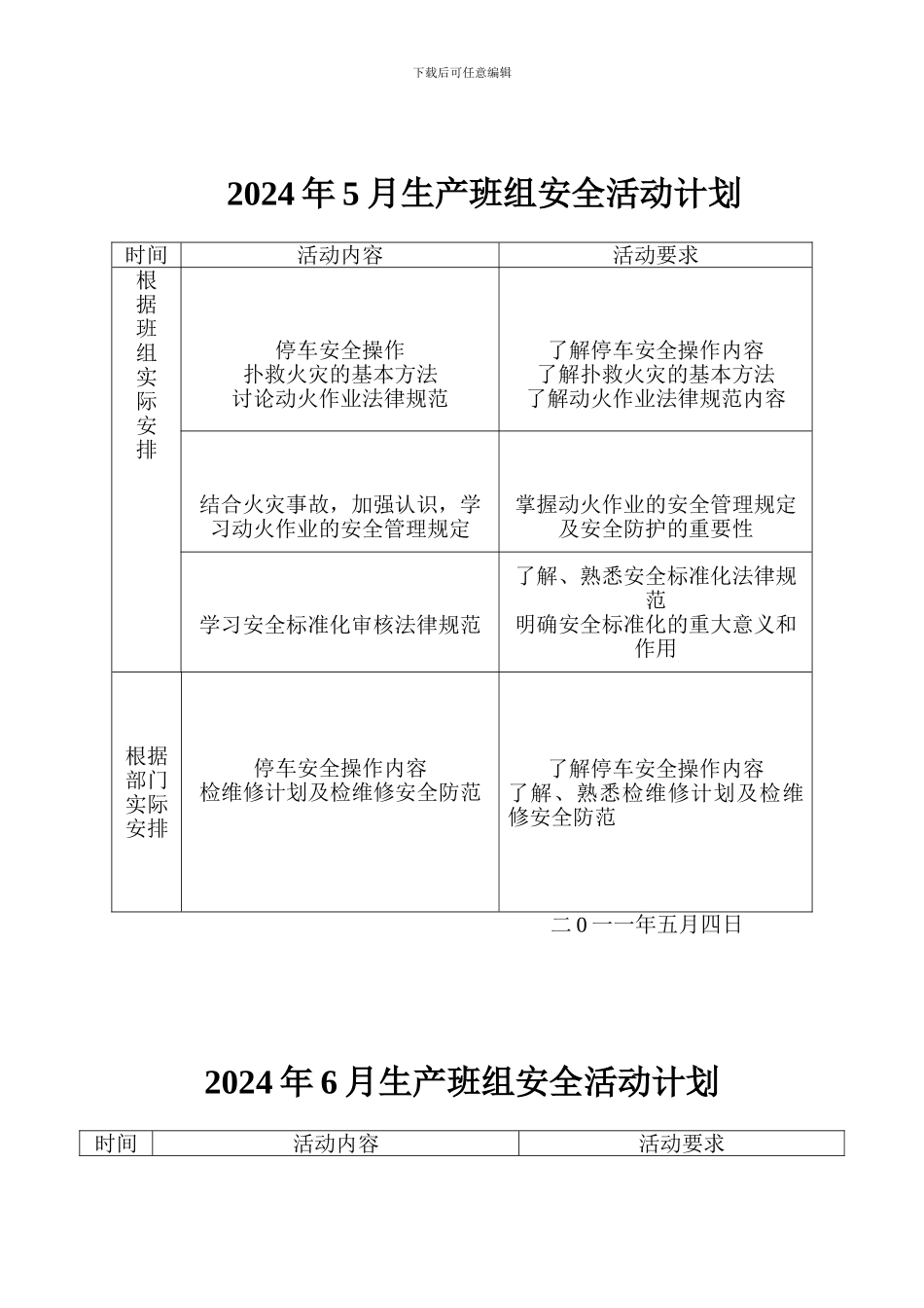 2024年5、6月生产班组安全活动计划_第1页