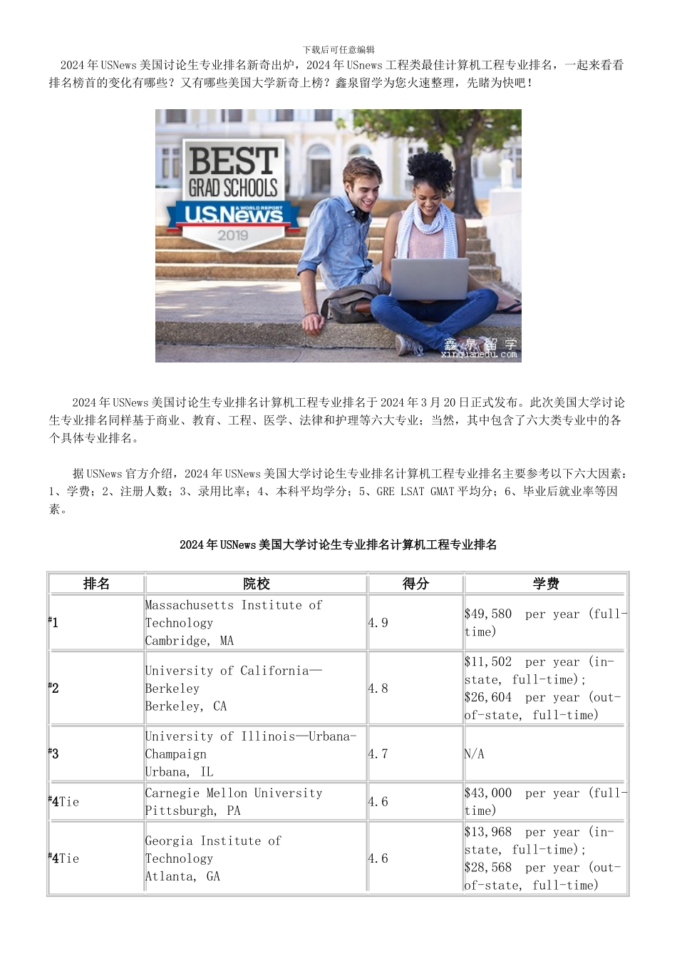 2024年USNews美国大学研究生专业排名计算机工程专业排名_第1页