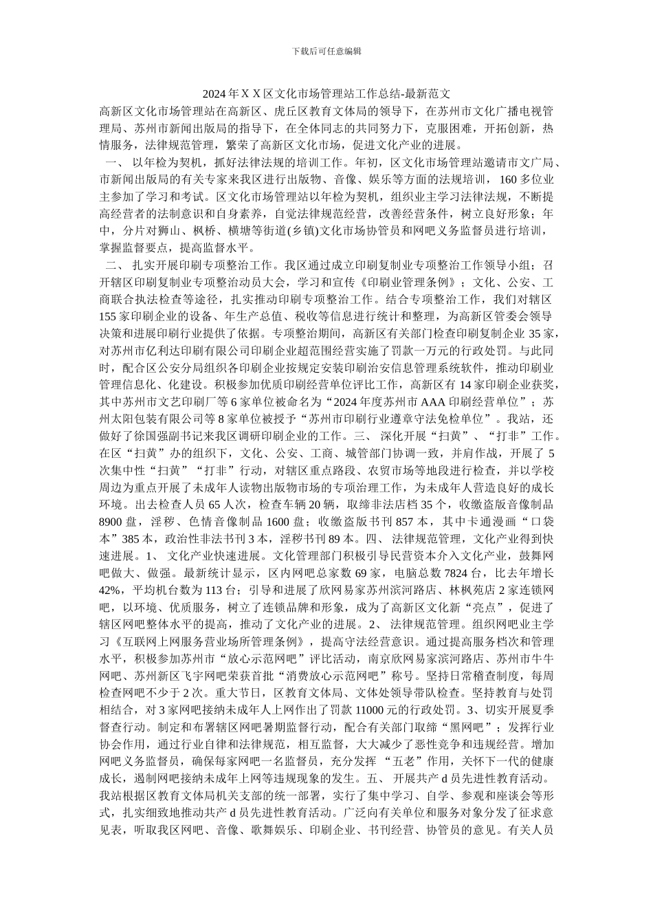 2024年XX区文化市场管理站工作总结-最新范文_第1页