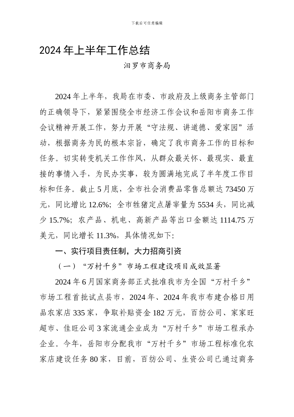 2024年上半年工作总结---湖南省商务厅_第1页