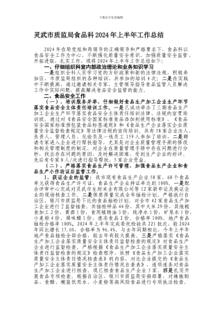 2024年上半年灵武市质监局食品科工作总结