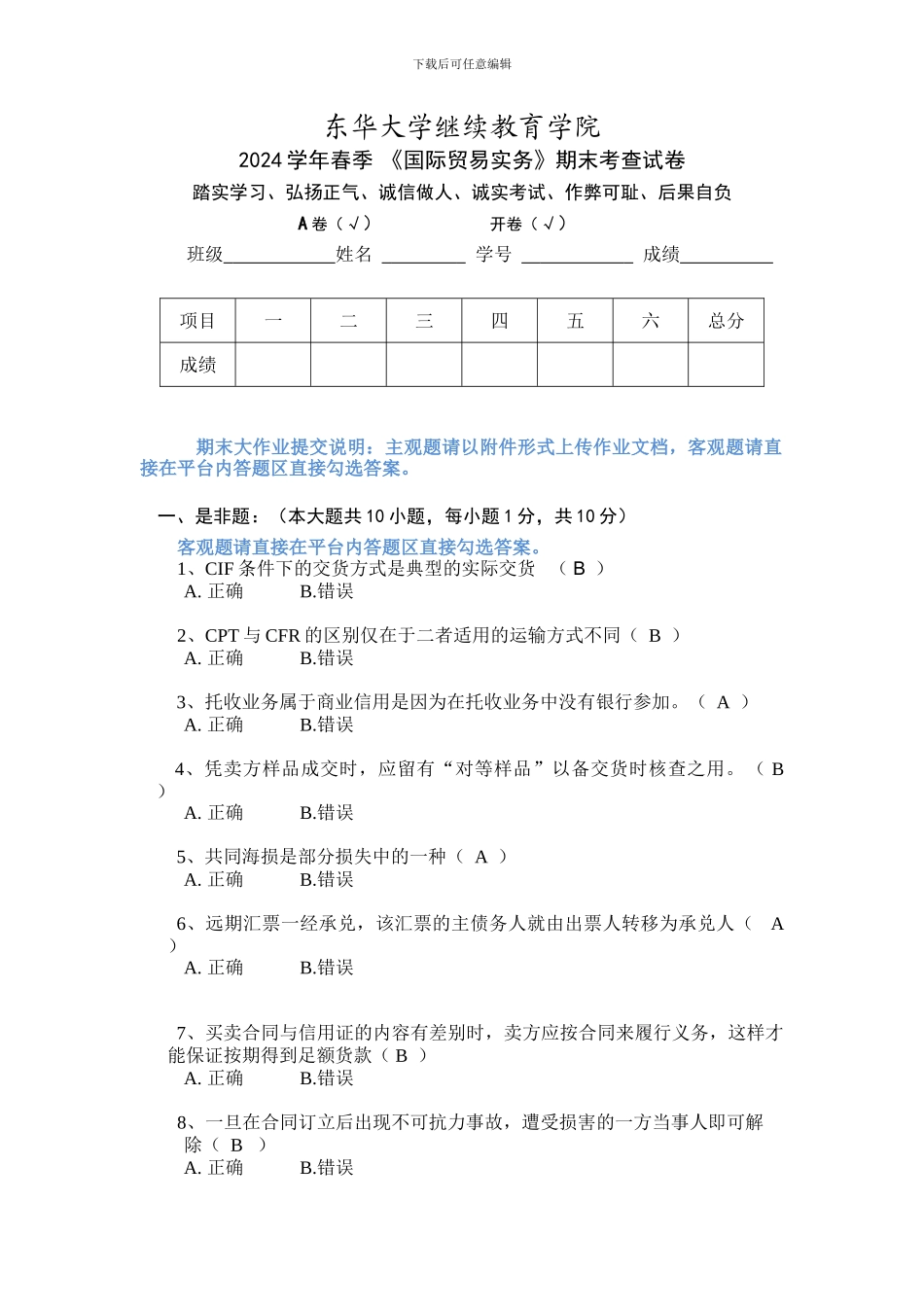 2024年东华大学网络学院国际贸易实务期末作业_第1页