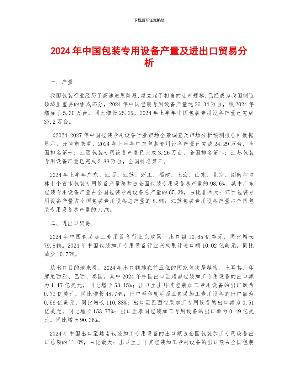 2024年中国包装专用设备产量及进出口贸易分析_第1页