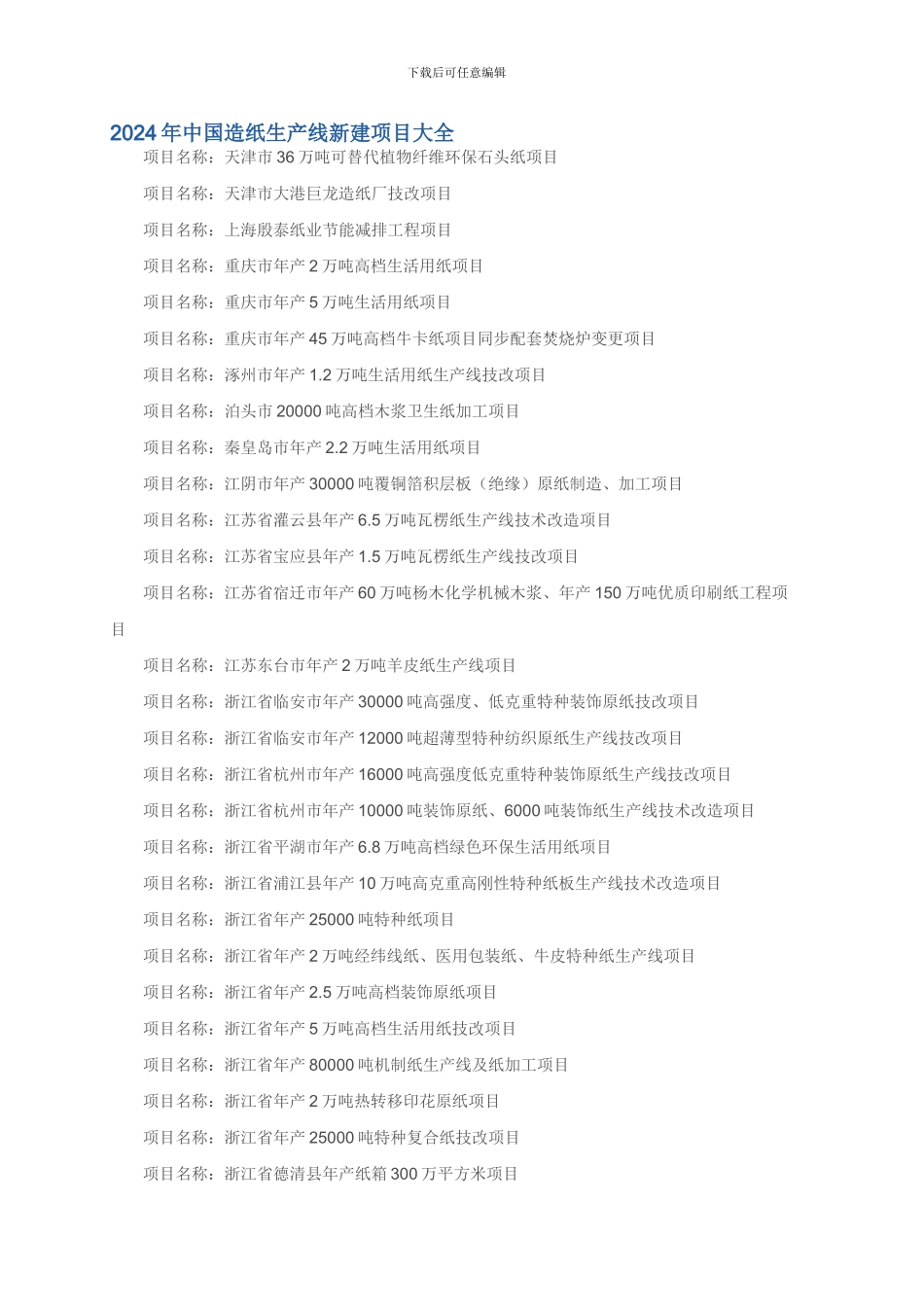2024年中国造纸生产线新建项目大全_第1页