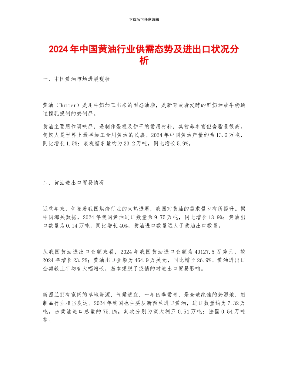 2024年中国黄油行业供需态势及进出口状况分析_第1页