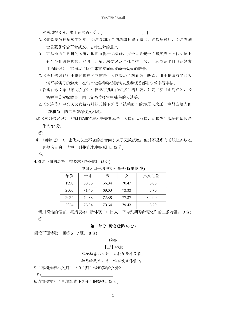 2024年中考网上阅卷适应性考试语文测试卷_第2页