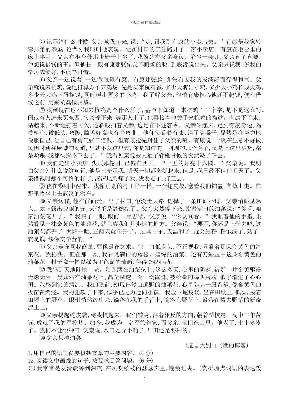 2024年中考语文模拟试及参考答案_第3页