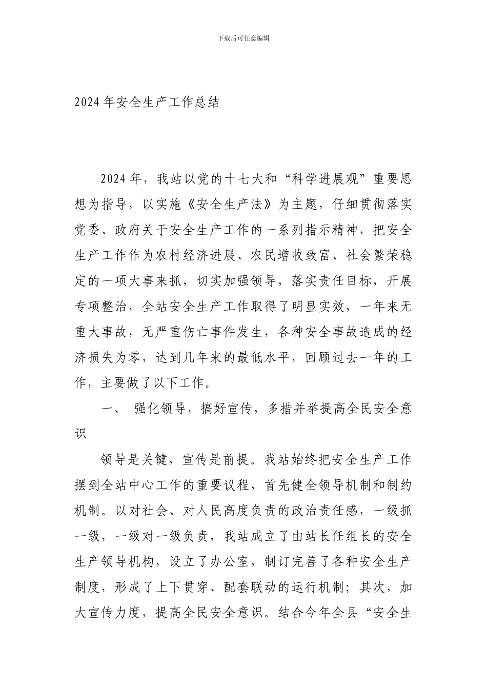 2024年乡镇站所安全生产工作总结_第1页