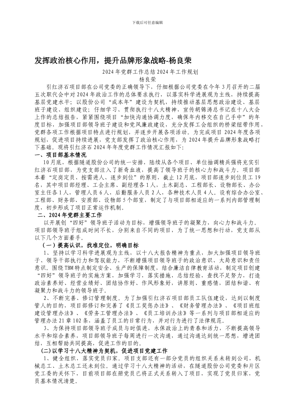 2024年党群工作总结2024年工作设想-杨良荣_第1页