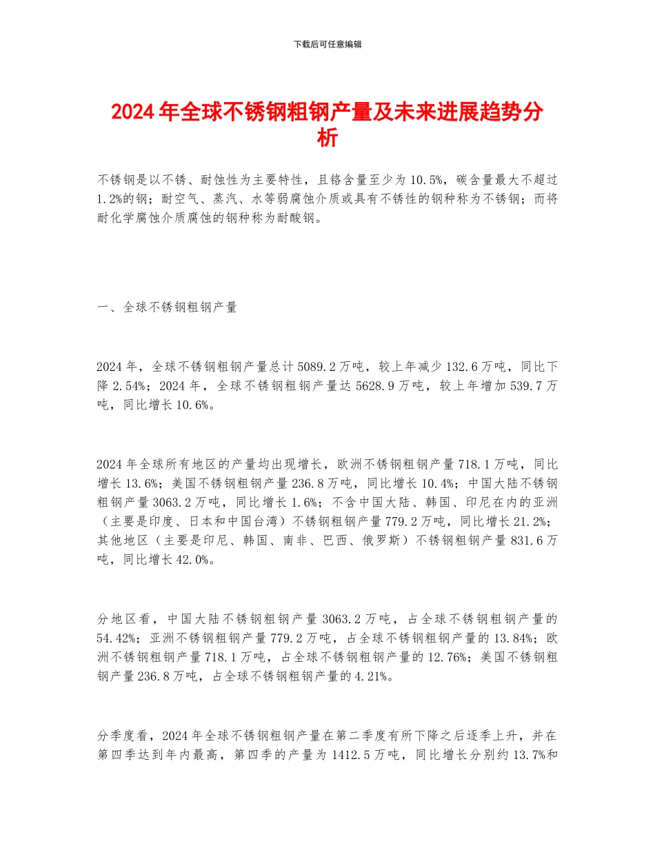 2024年全球不锈钢粗钢产量及未来发展趋势分析_第1页