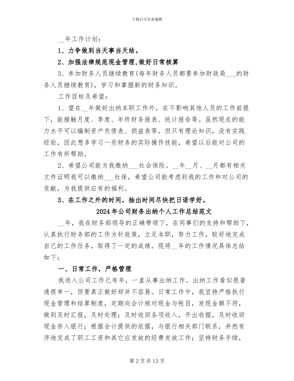 2024年公司财务出纳个人工作总结与计划_第2页