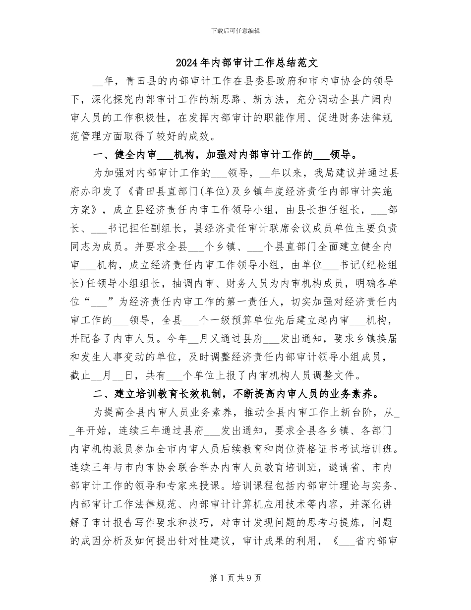 2024年内部审计工作总结范文_第1页