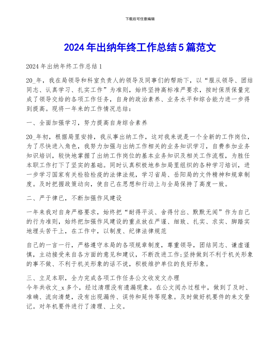 2024年出纳年终工作总结5篇范文_第1页