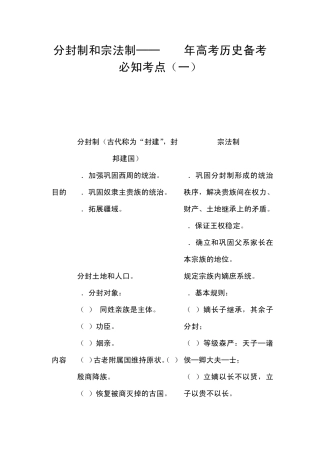 分封制和宗法制──2011年高考历史备考必知考点