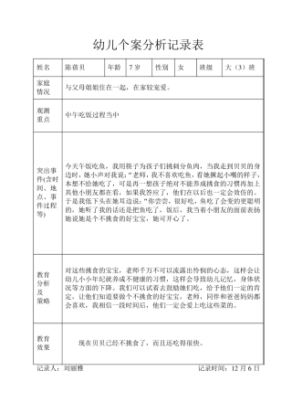 刘刘幼儿个案分析记录表