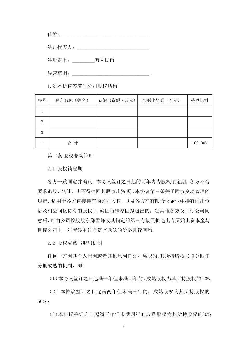 创业公司股东合作协议书(标准版本)_第2页