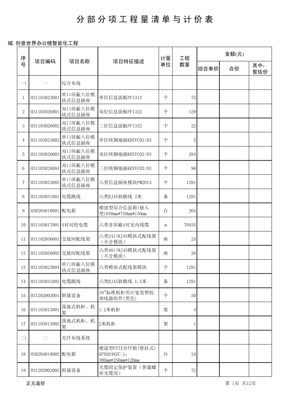 创意世界办公楼智能化工程量清单副本_第1页