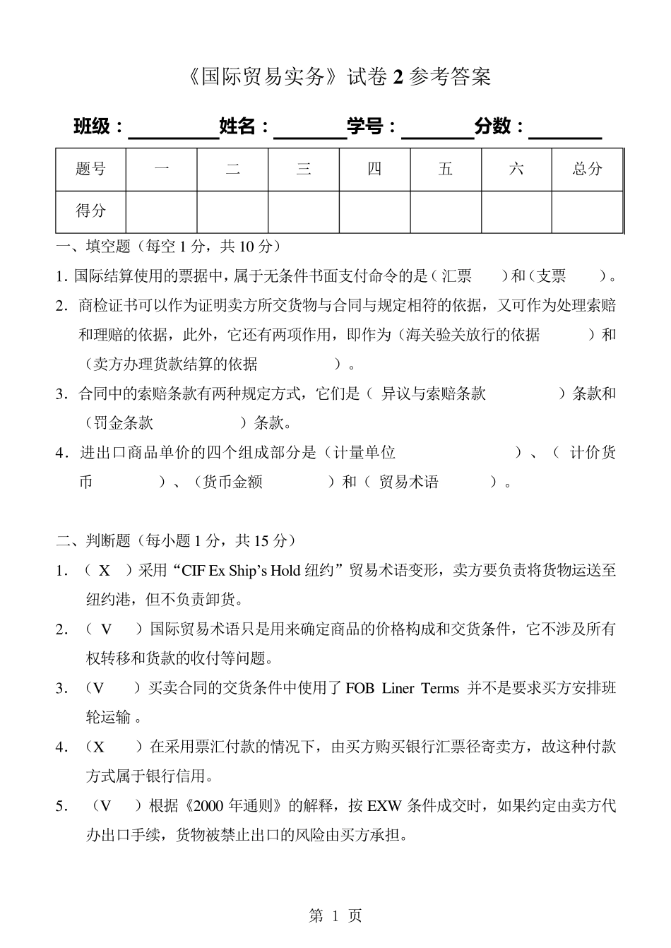国际贸易实务考题2参考答案_第1页