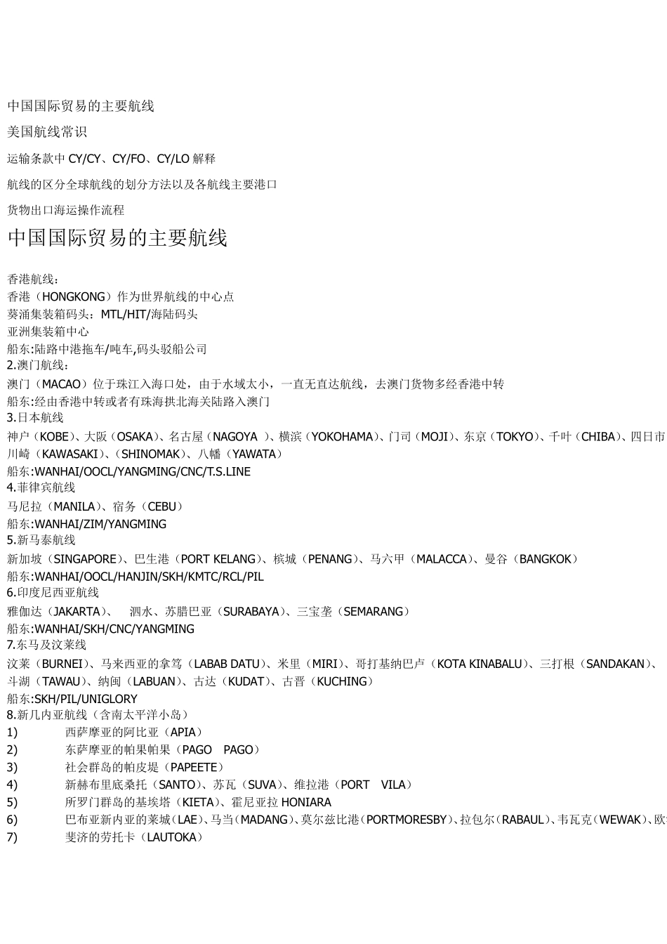 国际贸易的主要航线常识,运输条款解释,航线的区分全球航线划分方法和各航线主要港口,货物出口海运操作流程_第1页