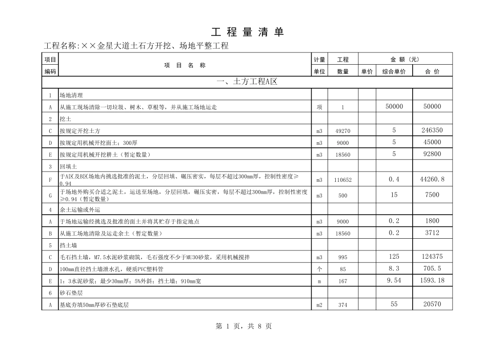 土石方开挖场地平整工程清单报价_第1页