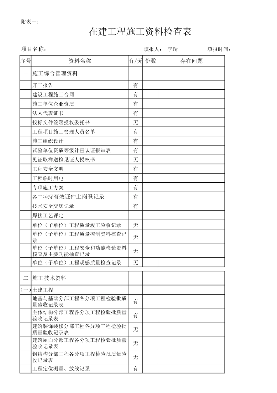 在建工程施工资料检查表_第1页