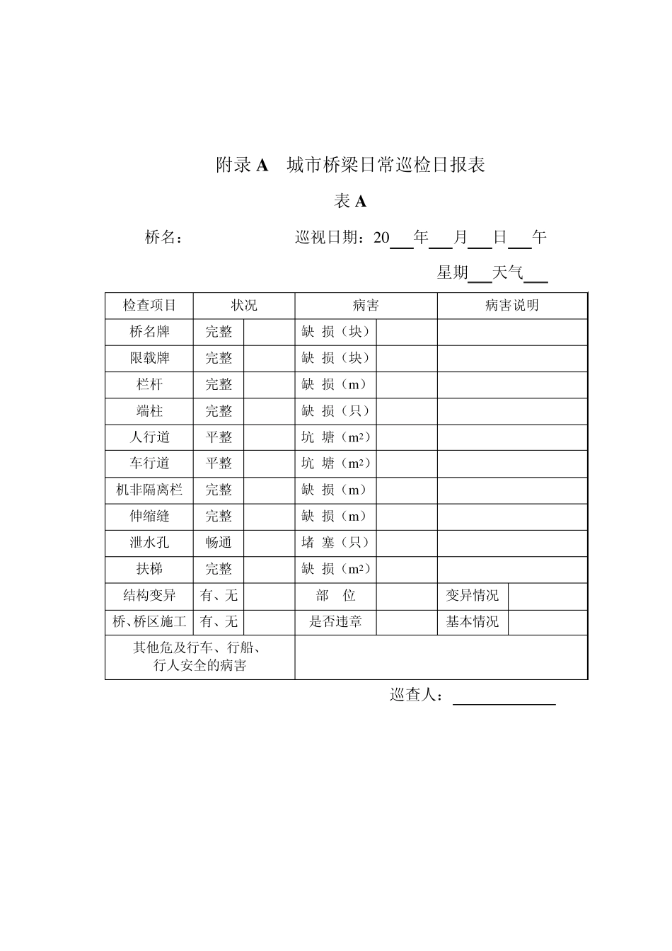 城市桥梁养护技术规范中表格_第1页