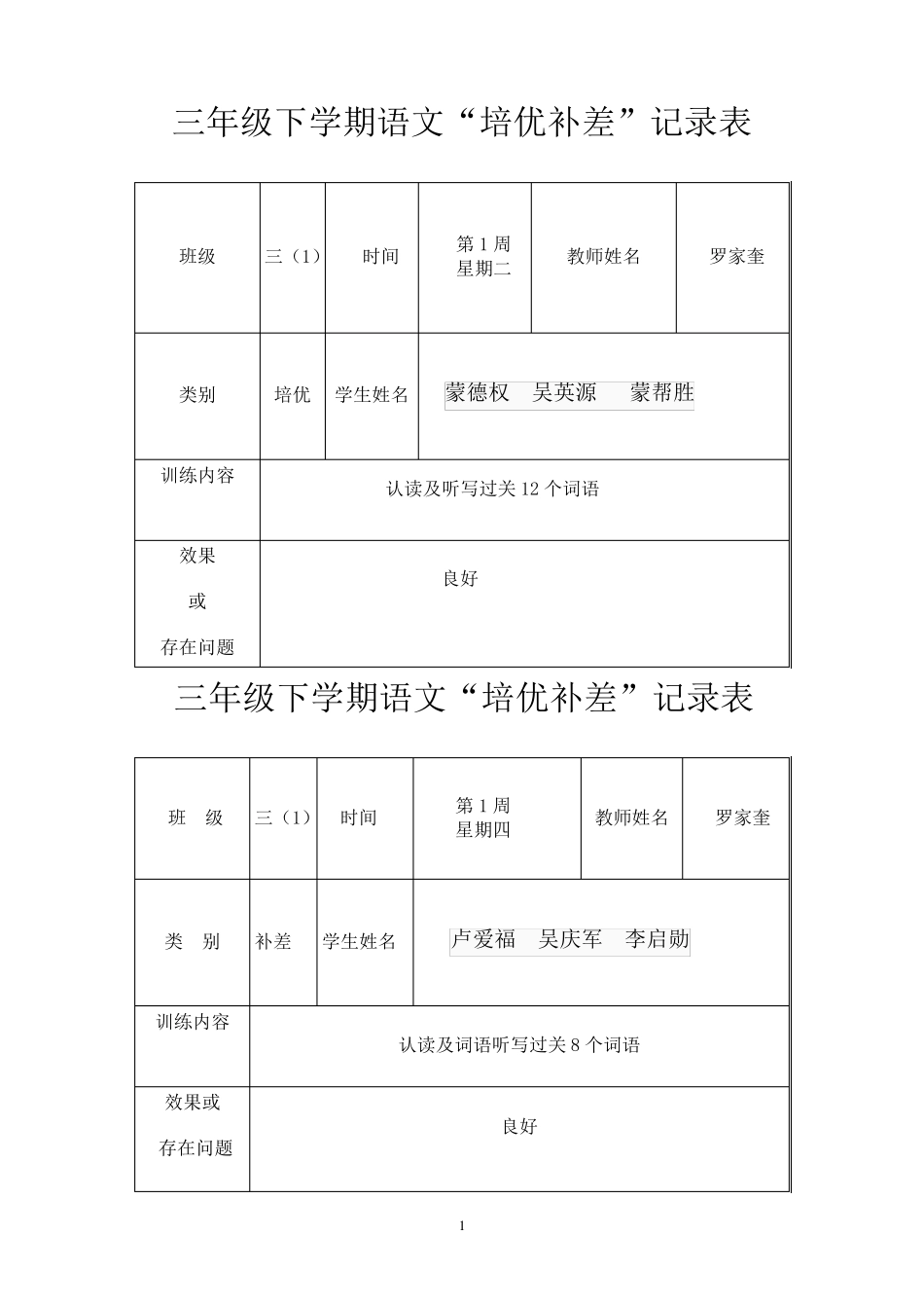培优辅差记录表_第1页