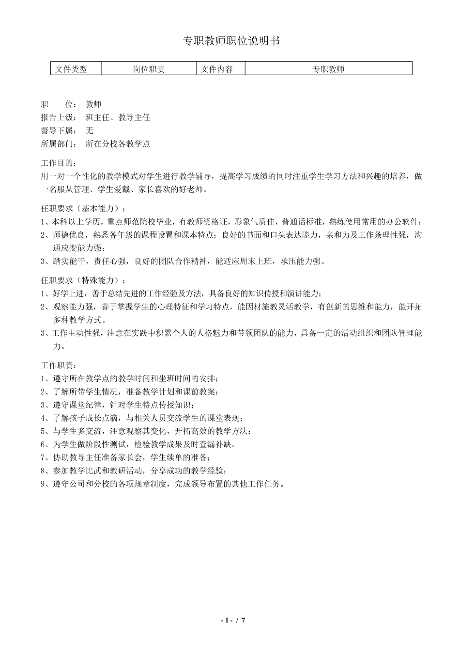 培训机构专职教师职位说明书_第1页