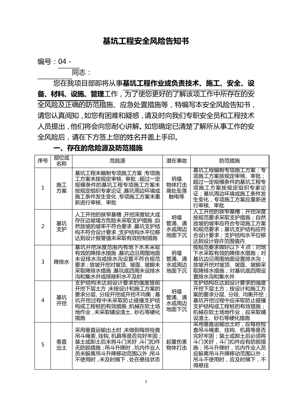 基坑工程安全风险告知书_第1页