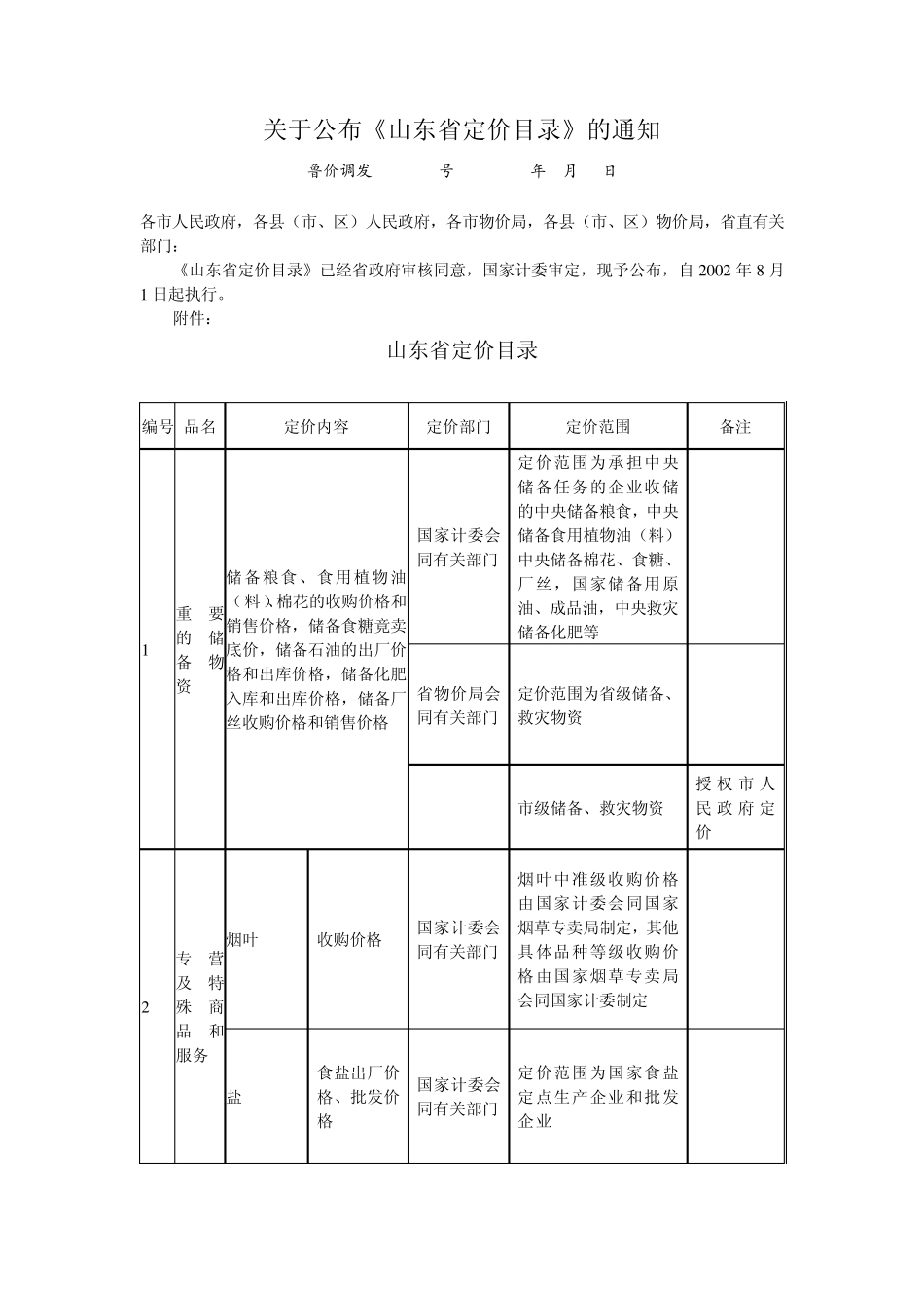山东省定价目录_第1页