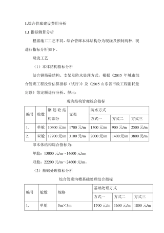 山东省综合管廊建设投资及运营成本