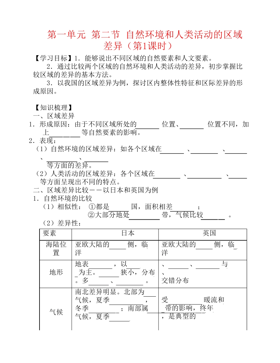 山东省莘县实验高级中学高中地理.自然环境和人类活动的差异(第课时)学案鲁教版解析_第1页