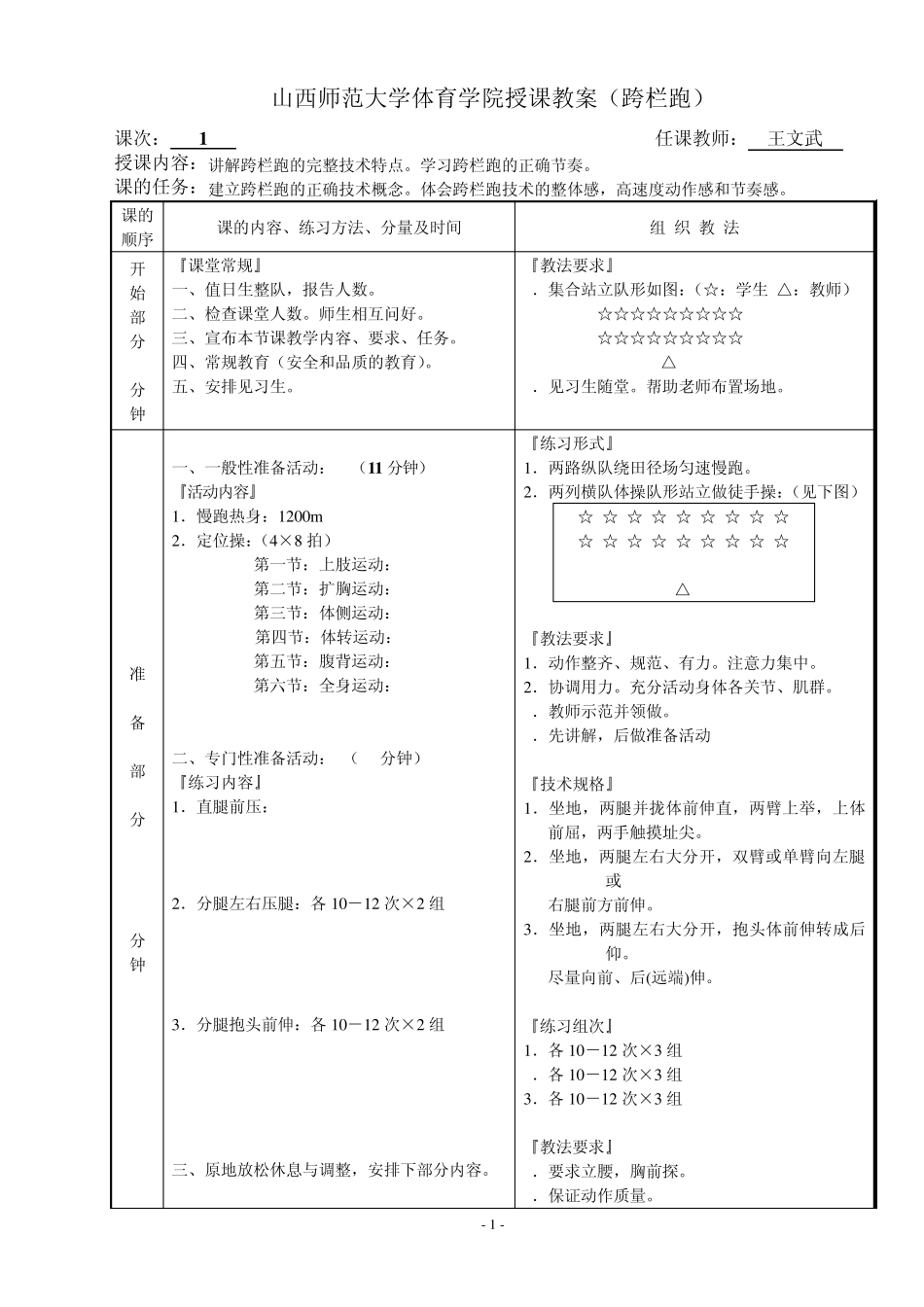 山西师范大学体育学院授课教案用(跨栏跑5次课+技术理论1次课)_第1页