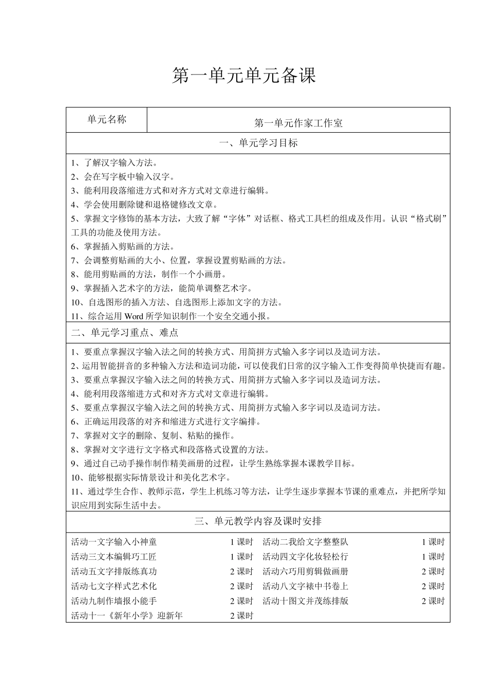 山西经济出版社小学第二册四年级信息技术第一单元活动1至5教案2014年_第1页