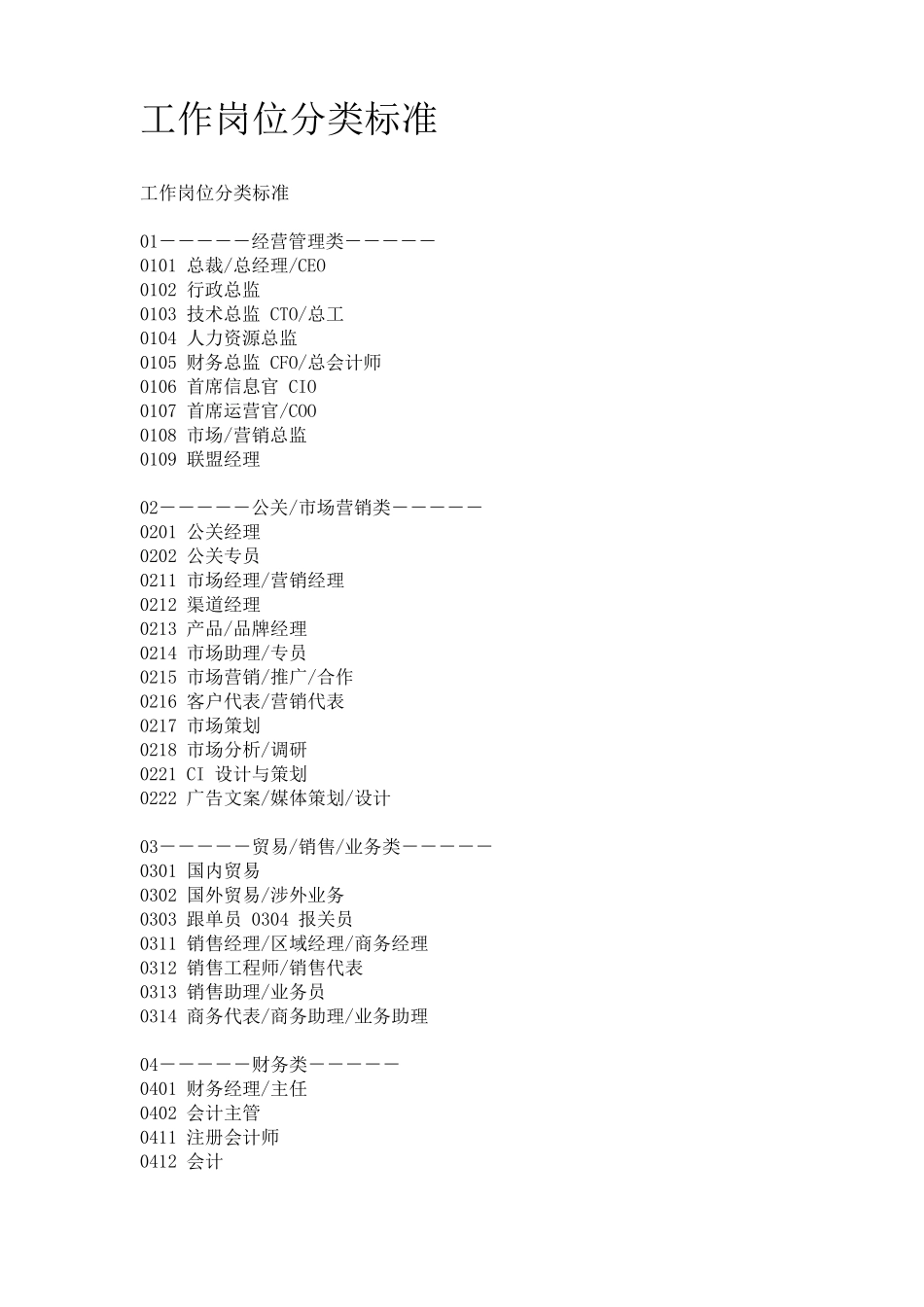 岗位分类大全_第1页