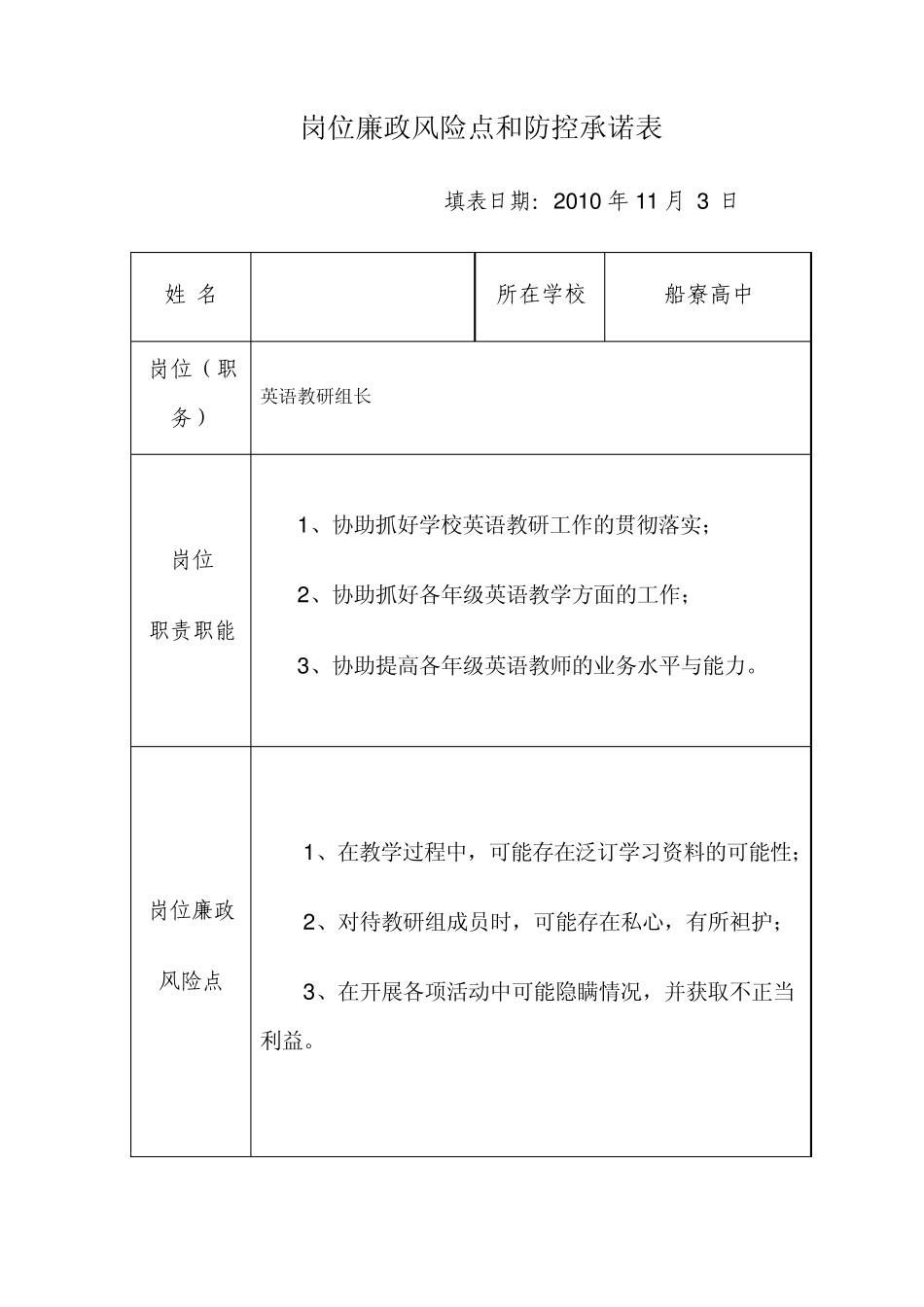 岗位廉政风险点和防控承诺表(样本)_第1页
