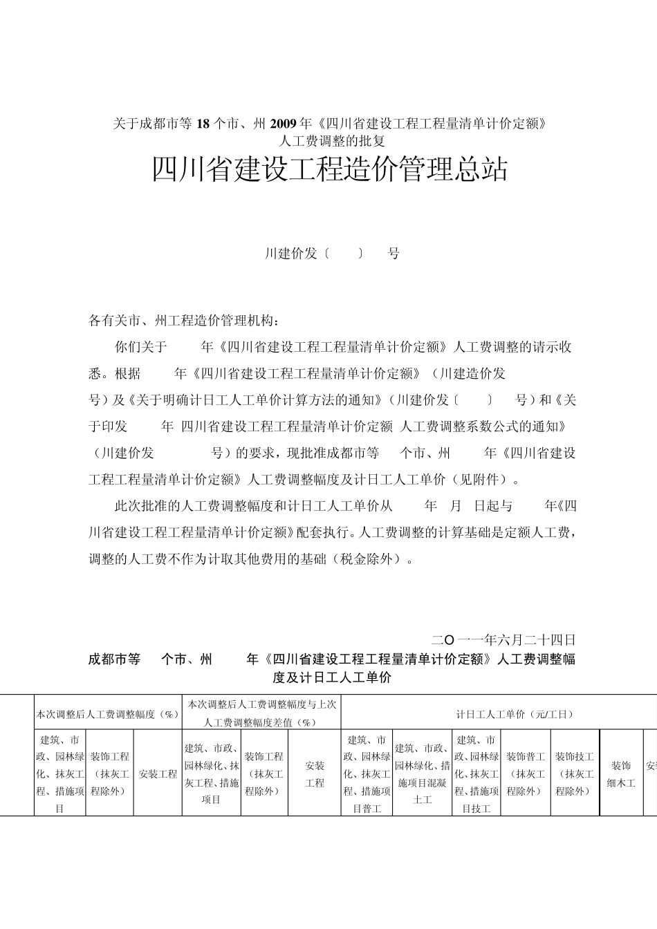 川建价发〔2011〕21号关于成都市等18个市、州2009年《四川省建设工程工程量清单计价定额》人工费调整_第1页