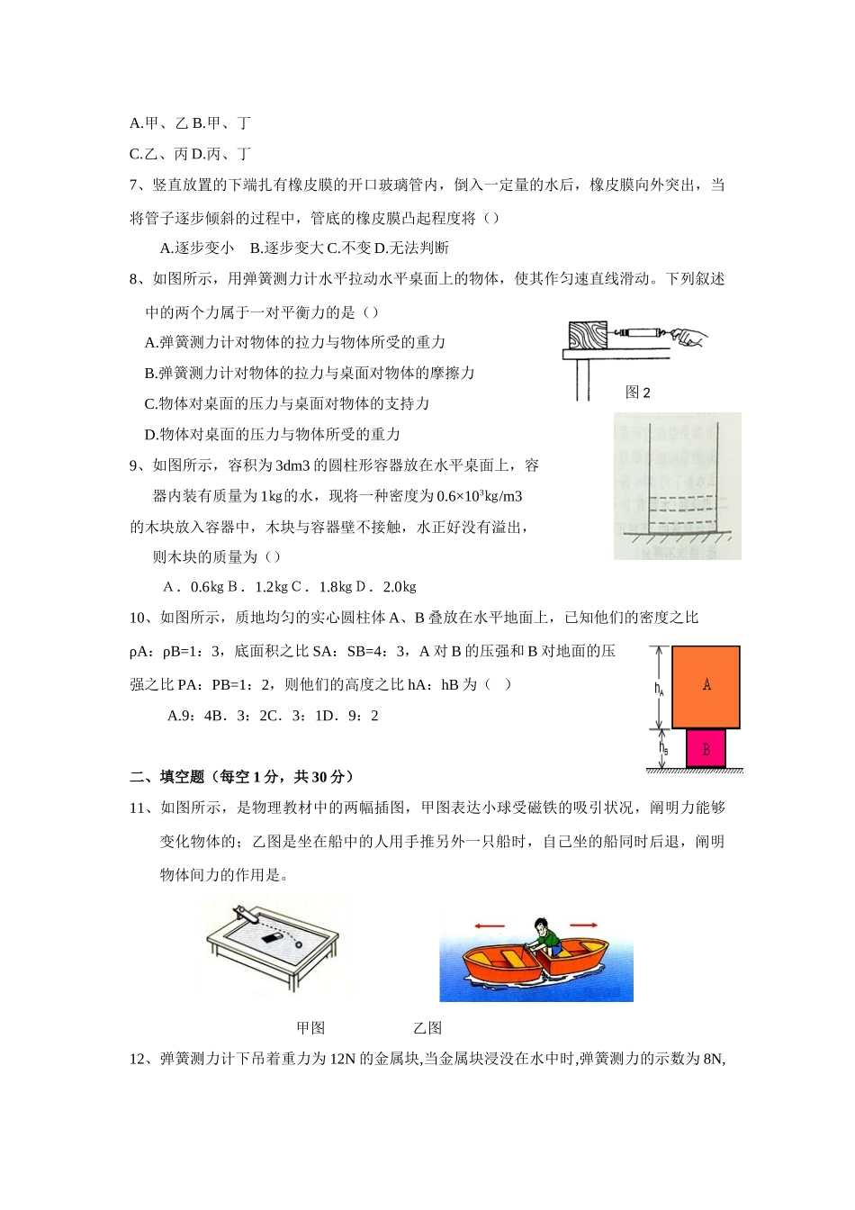 2025年八年级下册物理期中考试试卷及答案_第2页