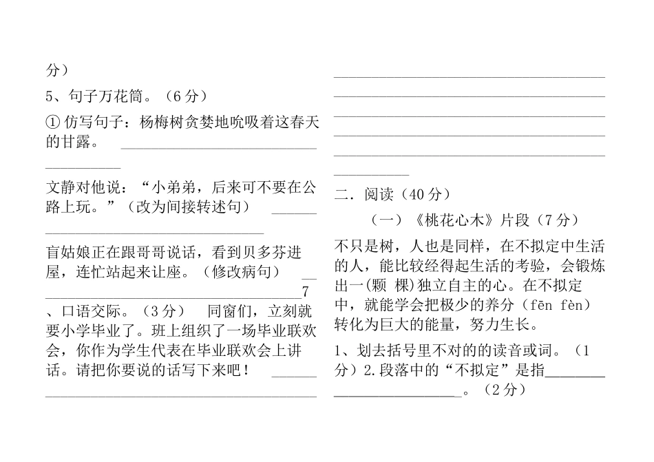 2025年六年级语文测试题_第3页