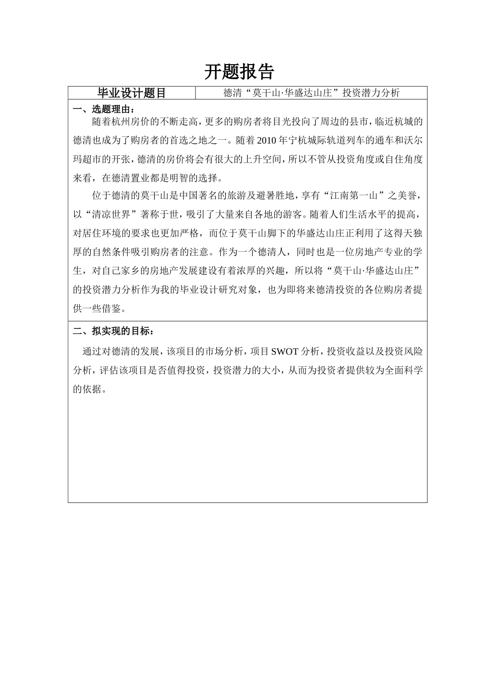 德清“莫干山·华盛达山庄”投资潜力分析  房地产专业  开题报告_第1页