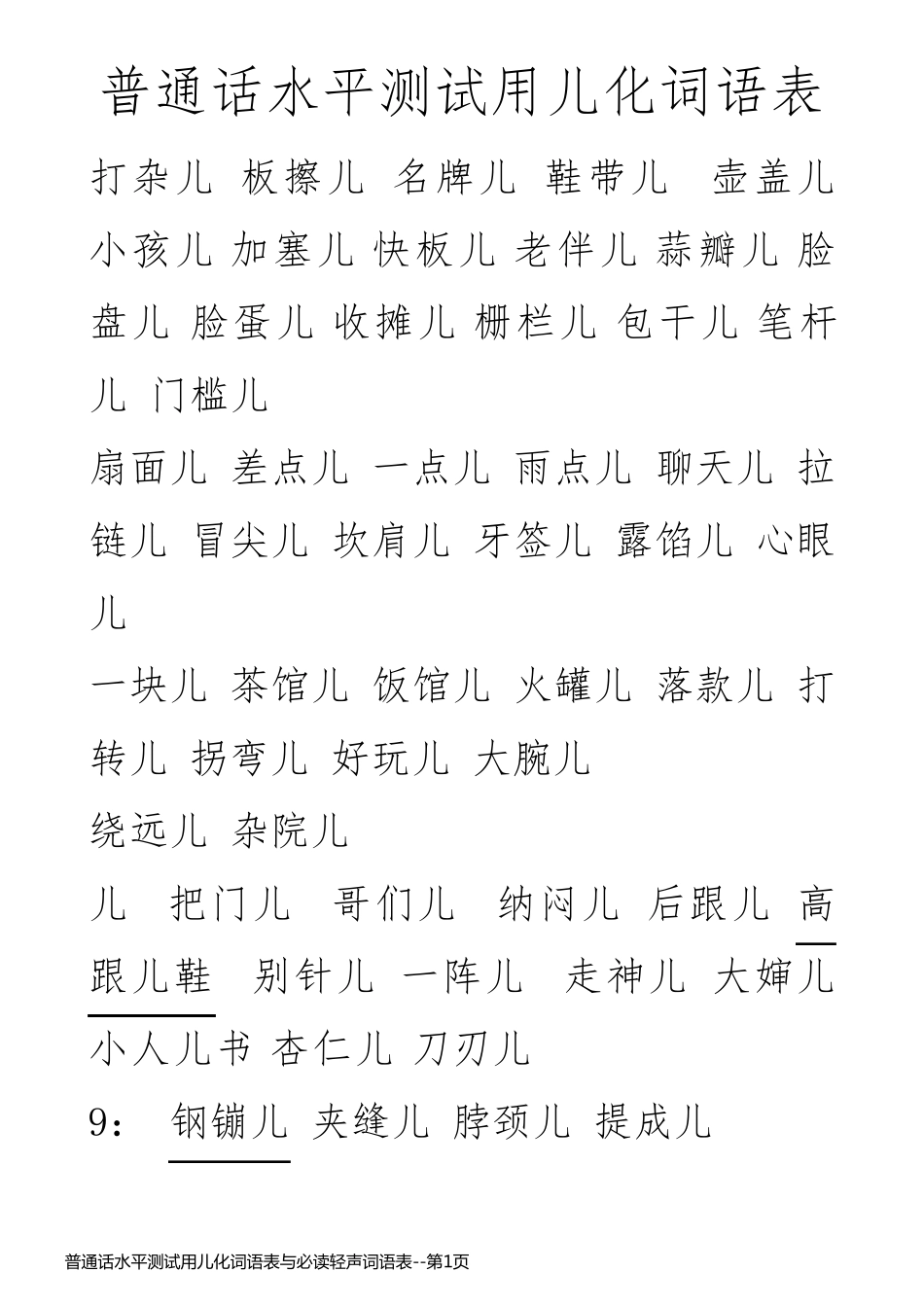普通话水平测试用儿化词语表与必读轻声词语表_第1页