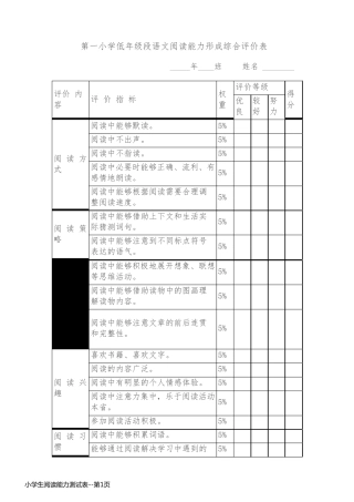 小学生阅读能力测试表
