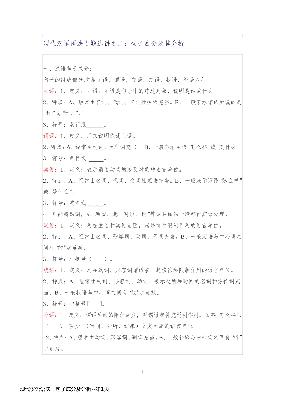 现代汉语语法：句子成分及分析_第1页