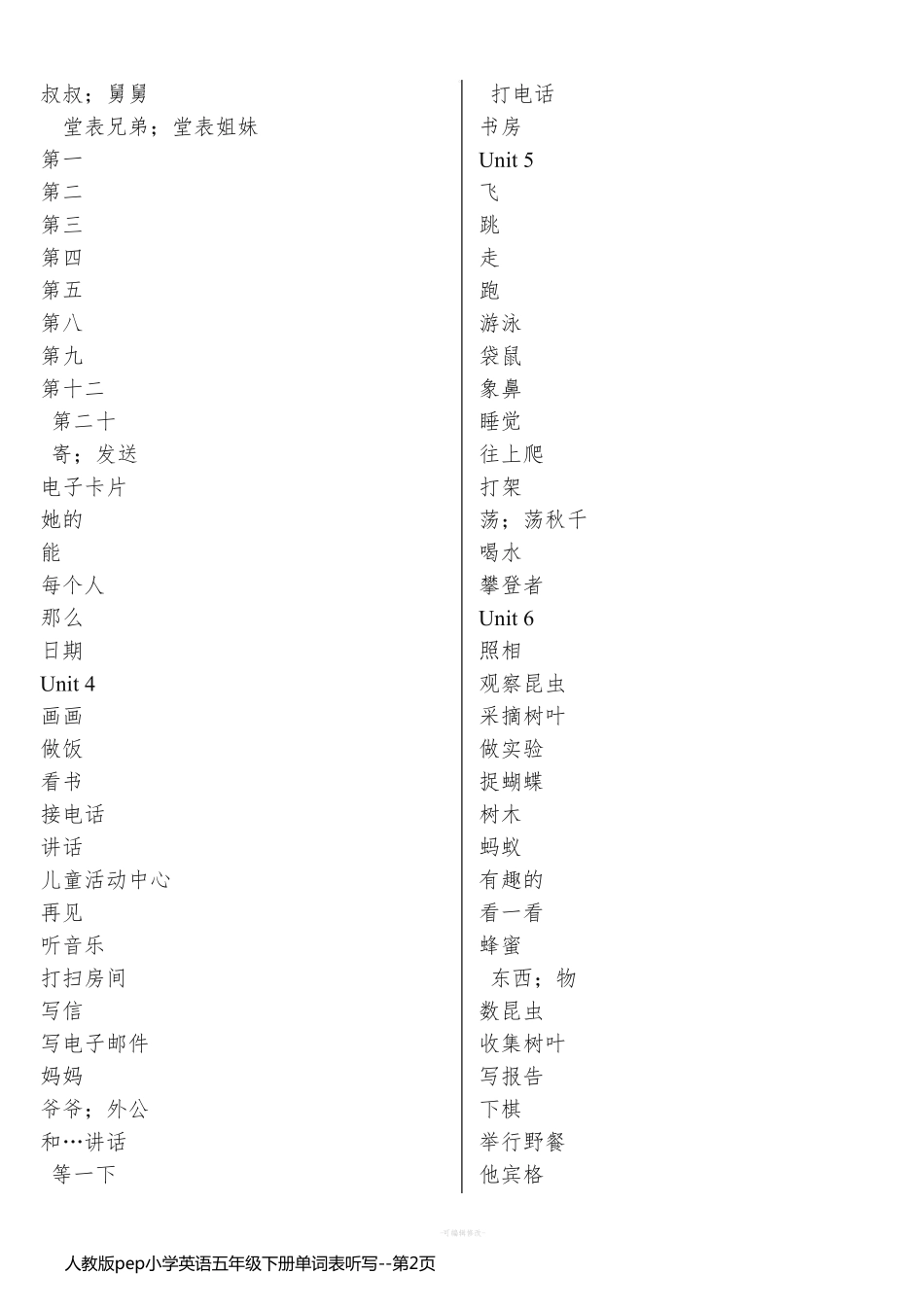 人教版pep小学英语五年级下册单词表听写_第2页