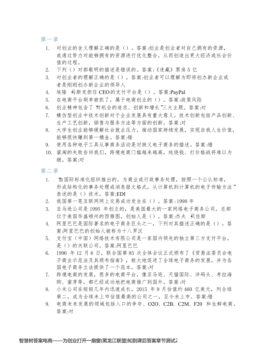 智慧树答案电商——为创业打开一扇窗(黑龙江联盟)知到课后答案章节测试2022年_第1页
