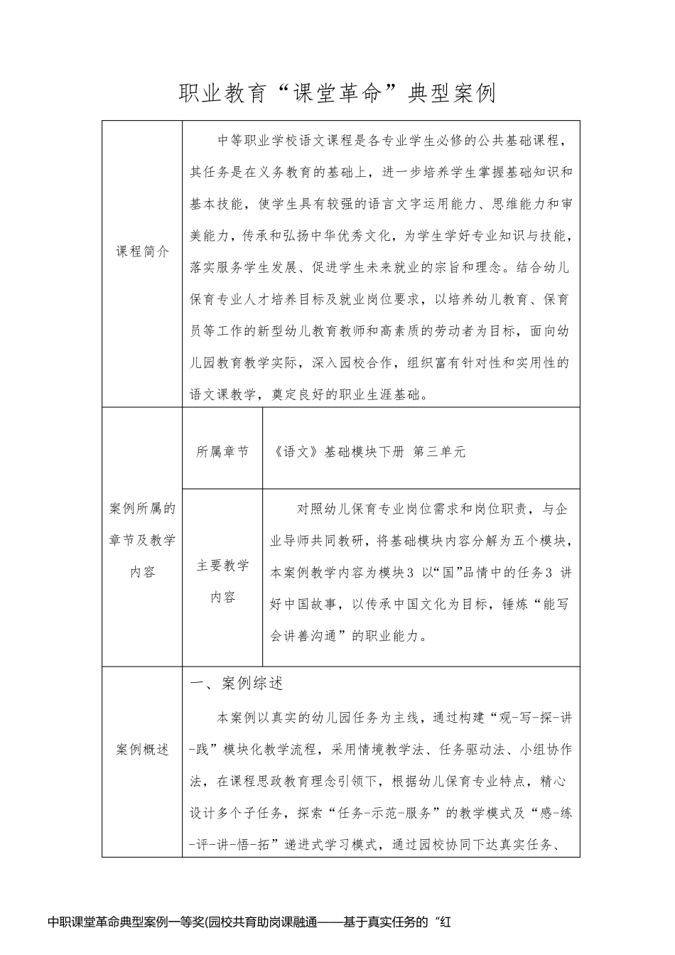 中职课堂革命典型案例一等奖(园校共育助岗课融通——基于真实任务的“红色”语文课堂)_第1页